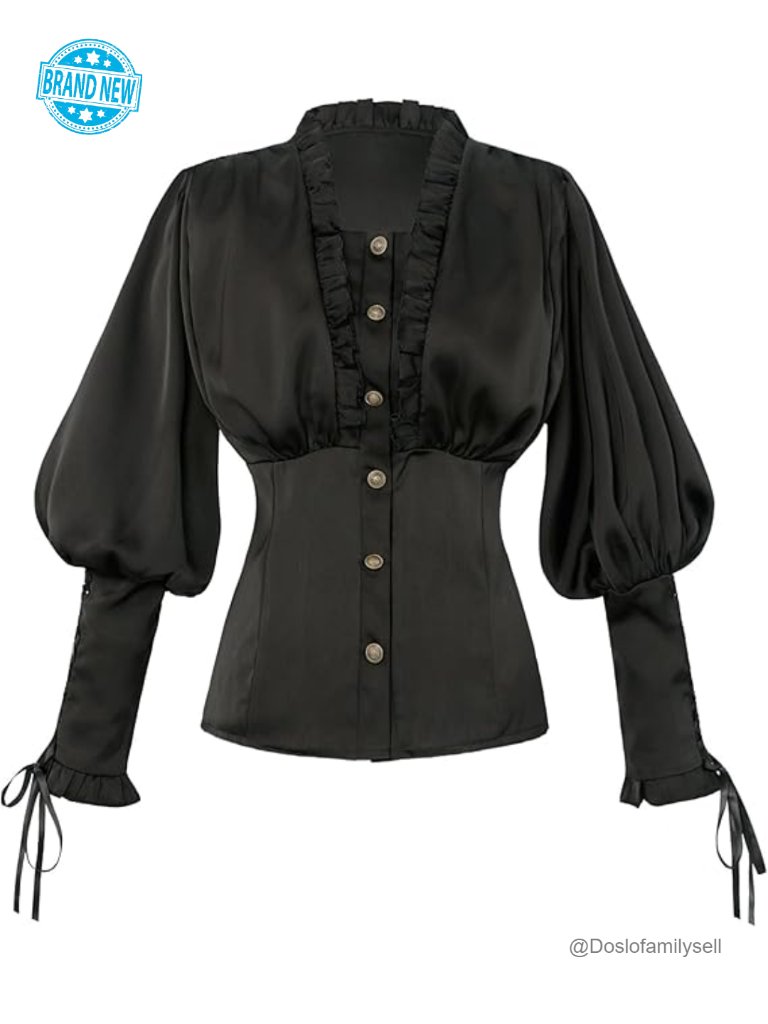 Vintage Ruffle Blouse - Long Sleeve Puff Sleeve Satin Button Down